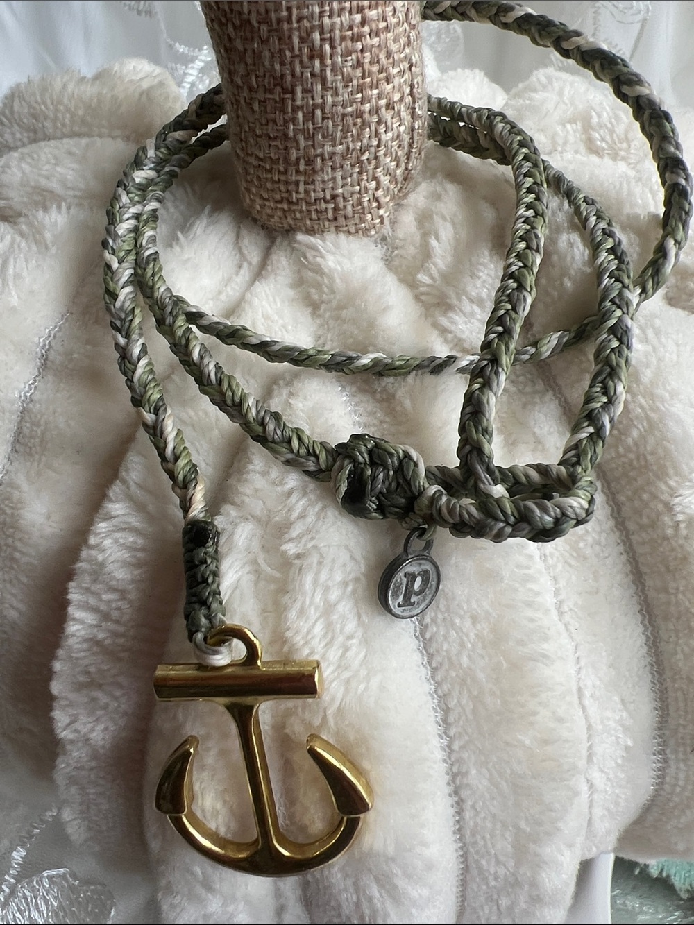 Pura Vida Olive and Cream Braided Rope Necklace with Gold Anchor